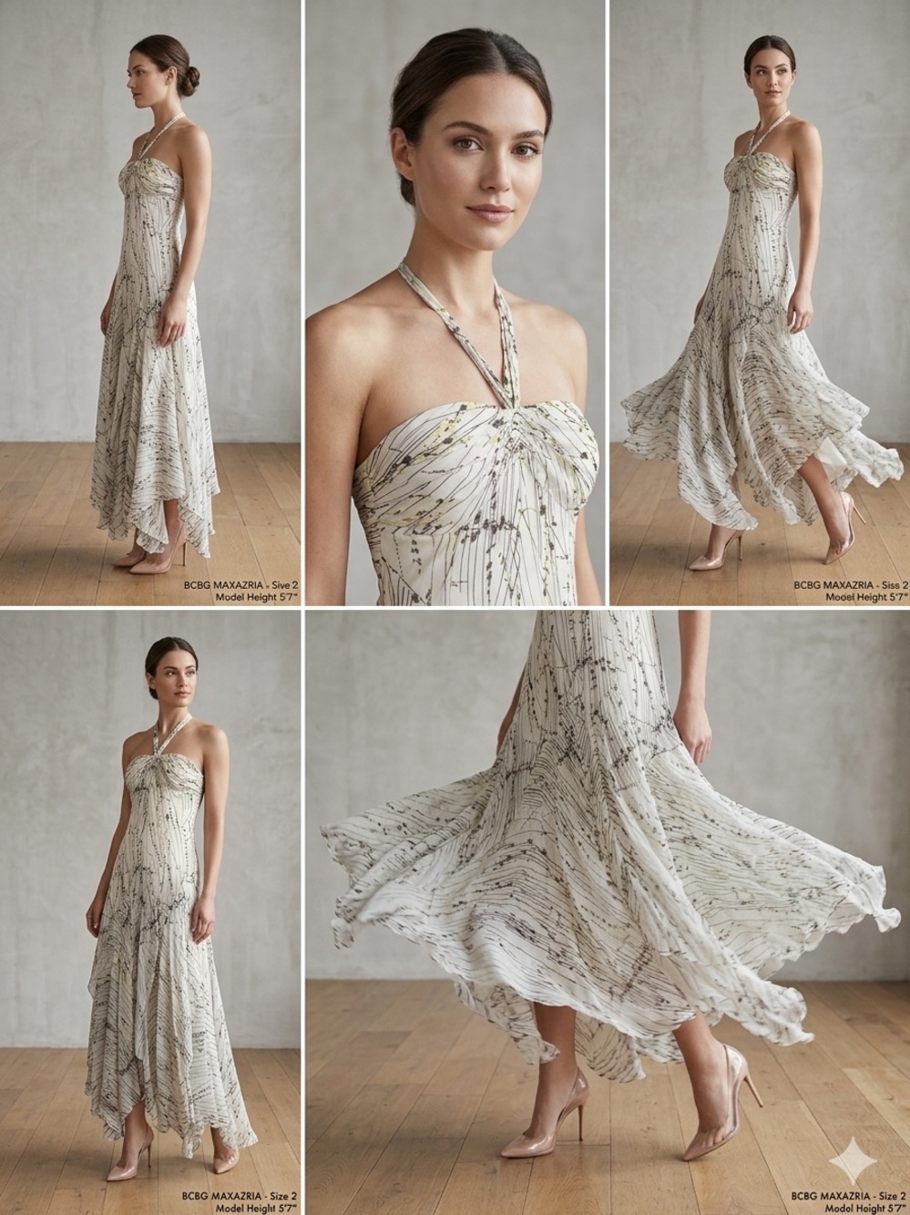 BCBGMaxAzria Ivory and Black Printed High-Low Halter Dress